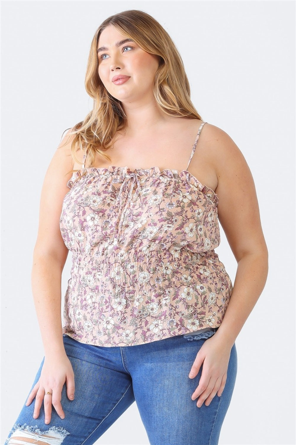 Zenobia Plus Size Frill Floral Square Neck Cami