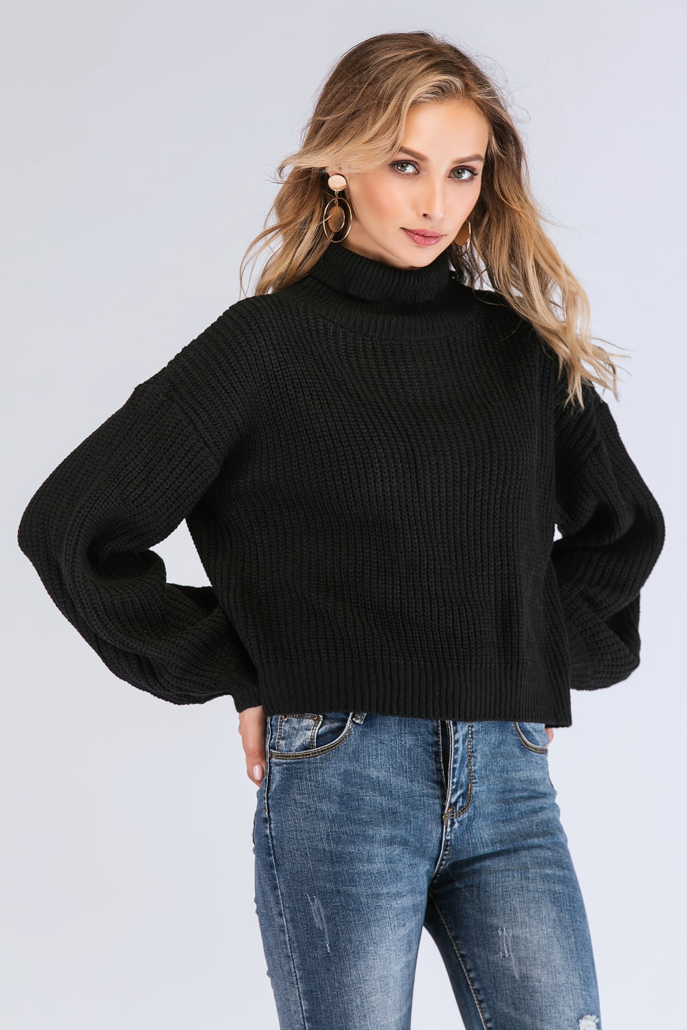 Turtleneck Rib-Knit Dropped Shoulder Sweater