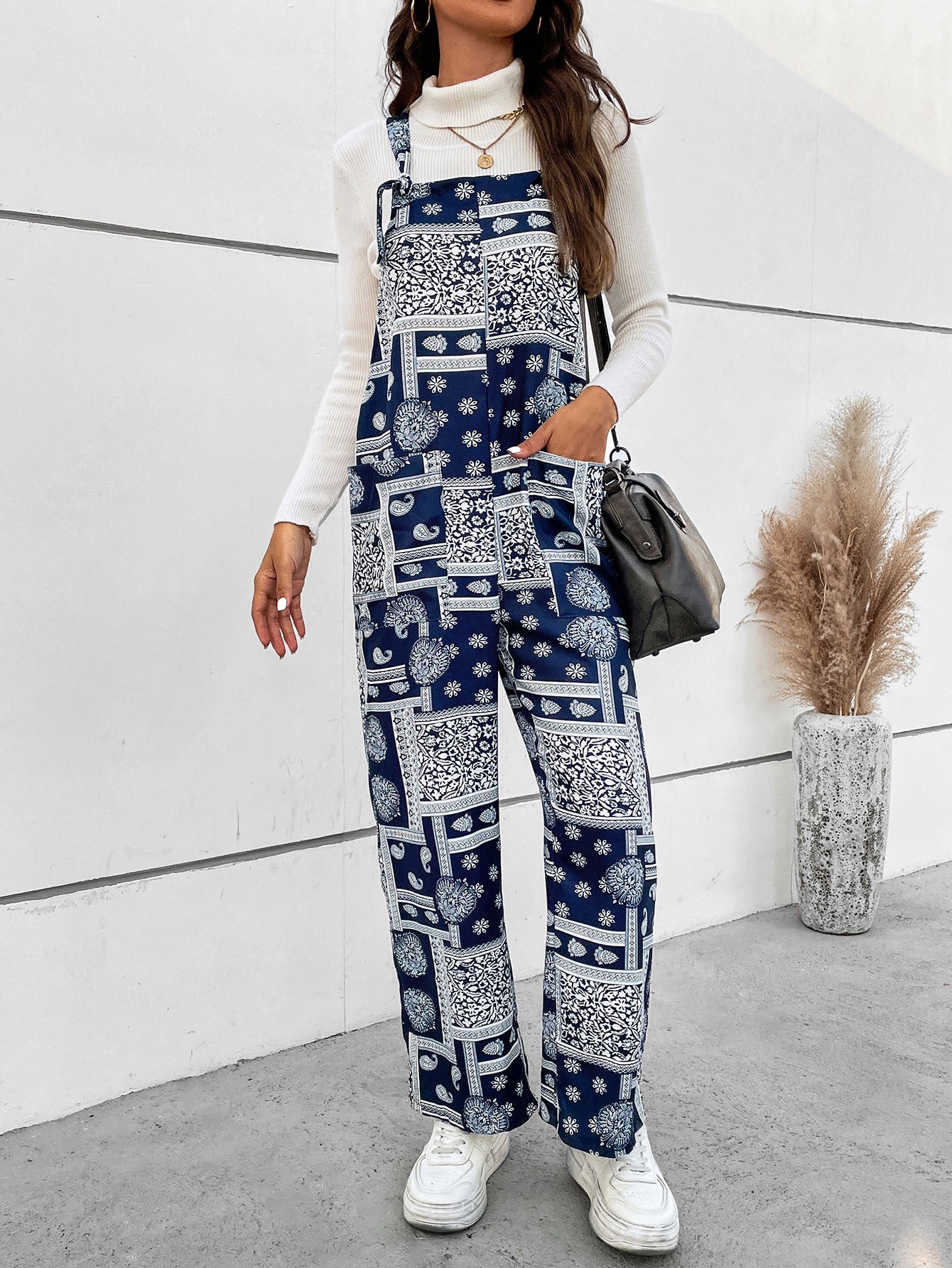 Printed Straight Leg Jumpsuit with Pockets