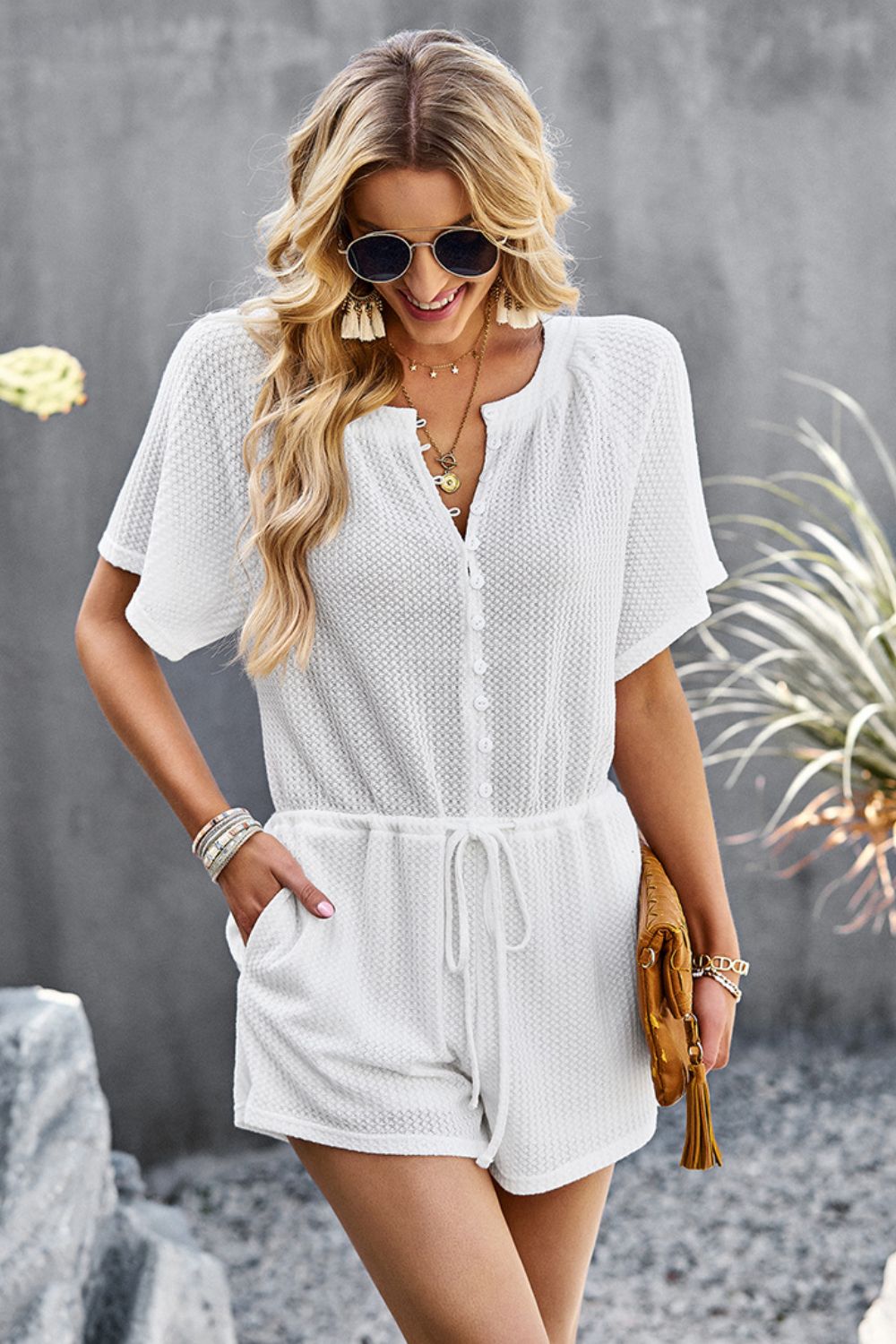 Waffle-Knit Drawstring Waist Romper