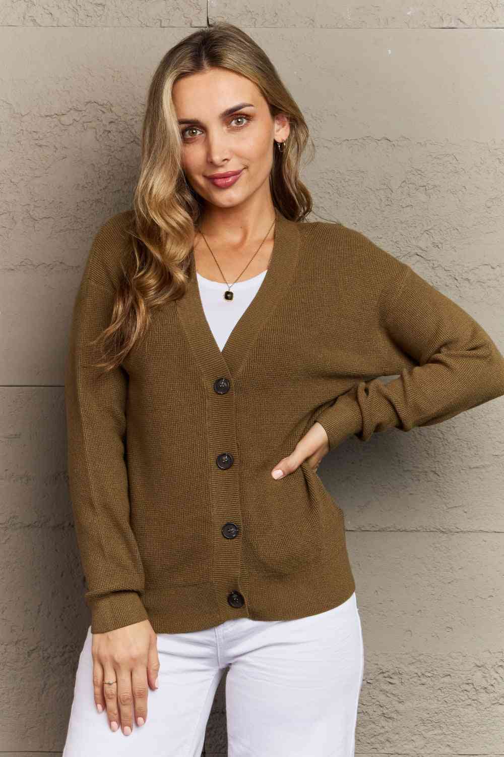 Zenana Kiss Me Tonight Full Size Button Down Cardigan in Olive