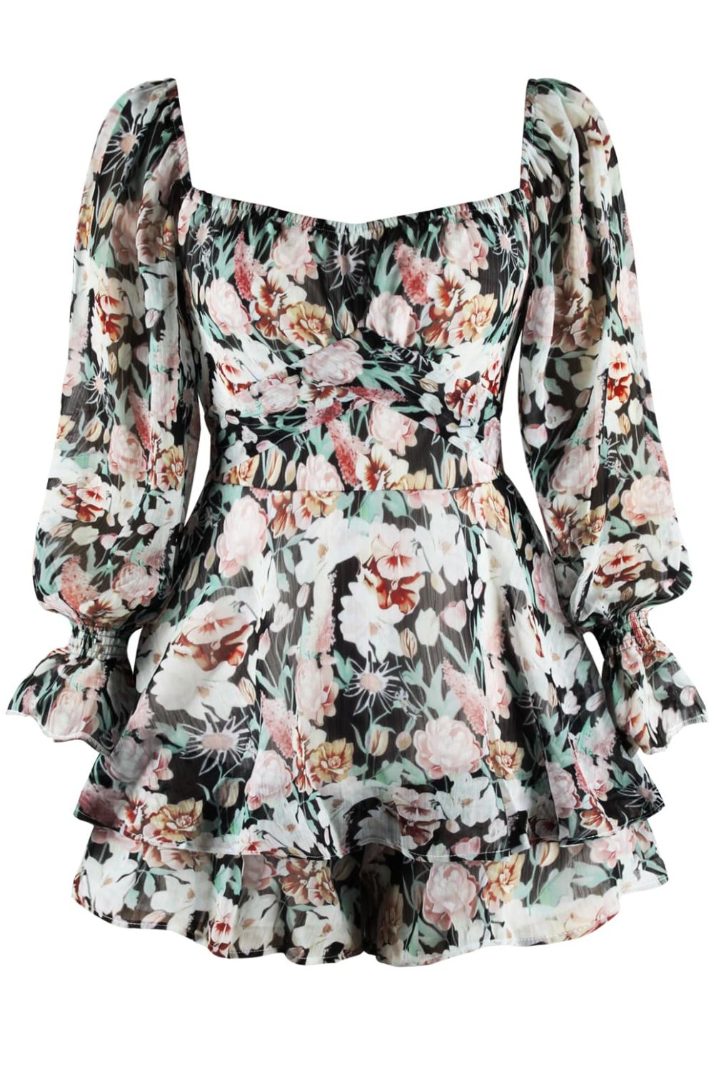 Floral Sweetheart Neck Flounce Sleeve Romper